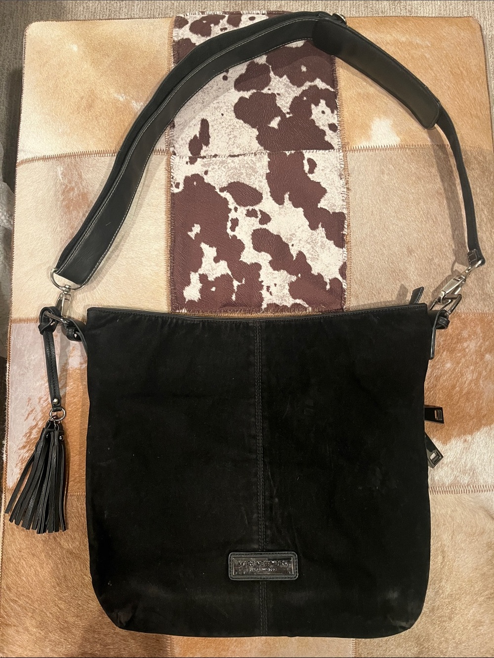 Andrew Marc Black Suede Crossbody Bag with Tassel